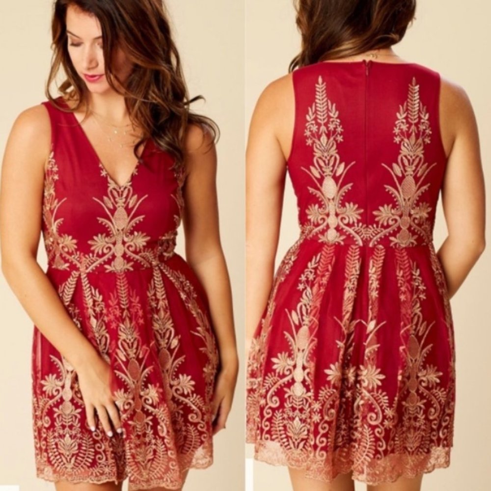 Altar'd State Burgundy Gold Metallic Embroidered V-Neck Fit Flare Dress XS